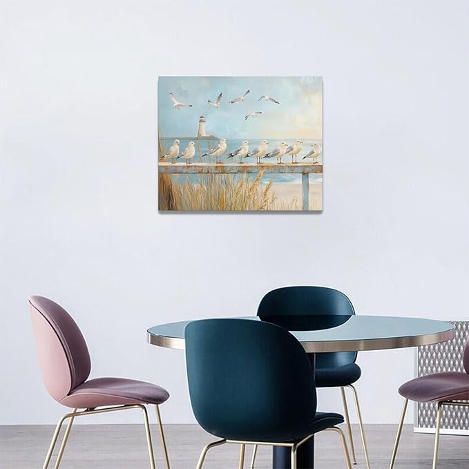 Olivine Beach Wall Art, Coastal Seagull Lighthouse Bathroom Pictures, Nautical Canvas Prints Painting for Living Room Bedroom Dinning Room Kitchen 20x16 Inch Framed