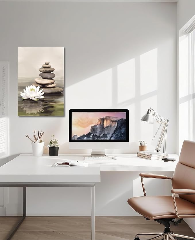 KPLUNDO Zen Wall Art Lotus Canvas Print Bathroom Decor Spa Stone Picture Meditation Painting Vintage Artwork for Spiritual Room Living Room Office Modern Home Decor Frame(Art-3,28.00x42.00 inch)
