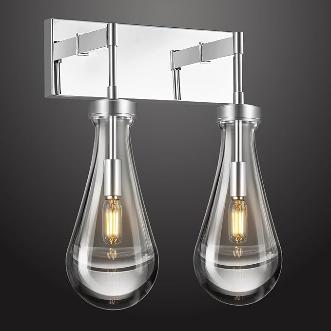 Raindrop Wall Sconces Chrome Crystal Sconces Wall Decor Modern Brass Lighting Glass Bathroom Sconces Indoor Vanity Light Wall Lamp for Bedroom Living Room Stair(2-Light)