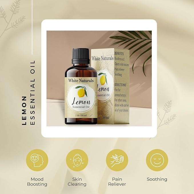 Organic Lemon Essential Oil by White Naturals, 100% Natural and Pure, Therapeutic Grade for Aromatherapy, Massage, Household Cleaning, Hair Care, Skincare, DIY Soap Making & Diffuser, Vegan 1 Ounce