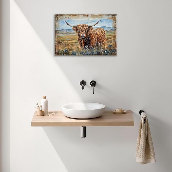 Olivine Highland Cow Wall Art, Rustic Farmhouse Cow Pictures Wall Decor, Country Painting Canvas Prints, Framed Artwork for Bathroom Bedroom Living Room Office Home Decoration 24"x16"