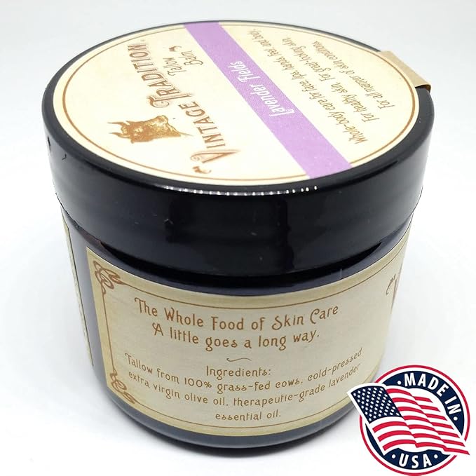 Vintage Tradition Beef Tallow All Purpose Balm - Healing, Hydrating Lavender Oil Skin Care Salve Replaces Body Lotion, Hand Cream, More - Essential Oil, Olive Oil, and Grass-Fed Tallow, 2 fl. oz.