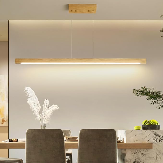 Wooden Linear Pendant Light, 47" Modern Chandeliers for Dining Room, Dimmable Pool Table Island Lights for Kitchen, LED Ceiling Pendant Lamp for Dining Room Billiard Room, Natural Ash