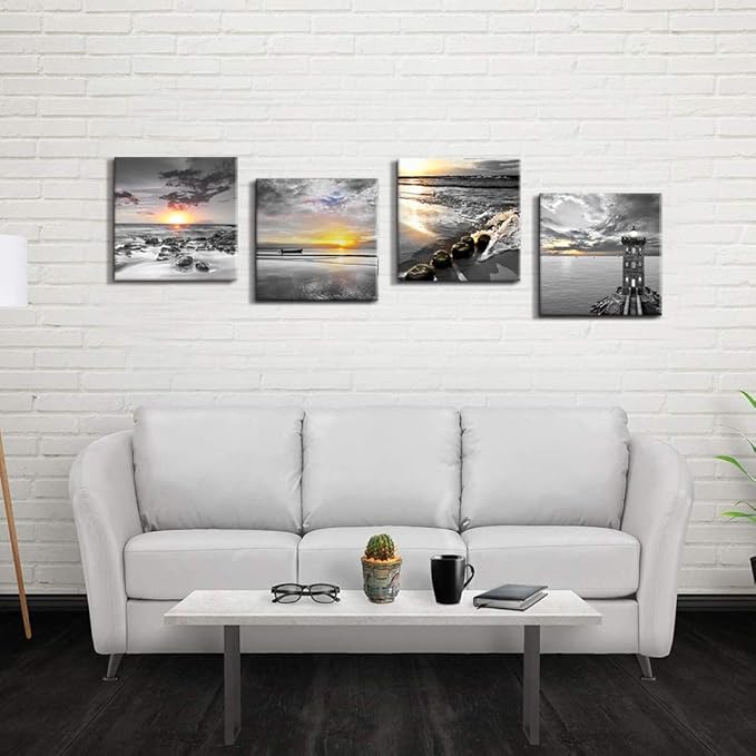 Bamdeya Black and White Gold Beach Wall Art Sea Sunrise Scenery Picture Canvas Print Framed Seascape Painting for Living Room Bathroom Wall Decor Home Decoration