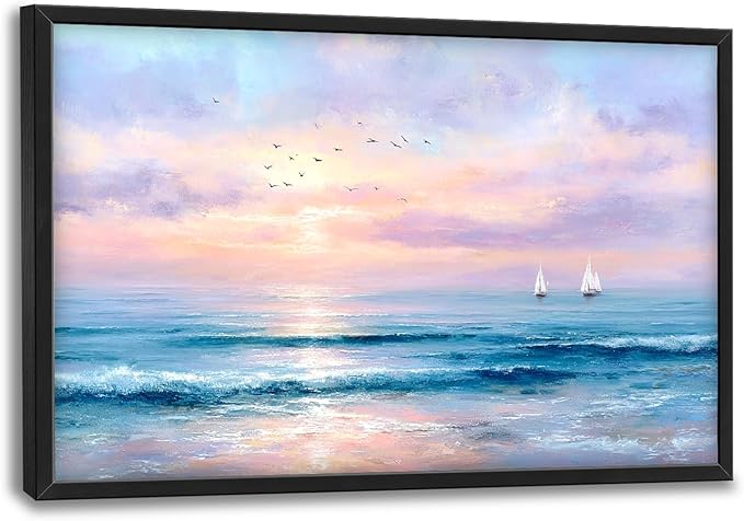 Glocmna Large Wall Art for Living Room Ocean Beach Wall Decor Nautical Sunrise Seascape Canvas Big Coastal Landscape Painting Print Artwork Framed Artwork Decorations Gifts for Bedroom Home Office Hotel 24"x36"