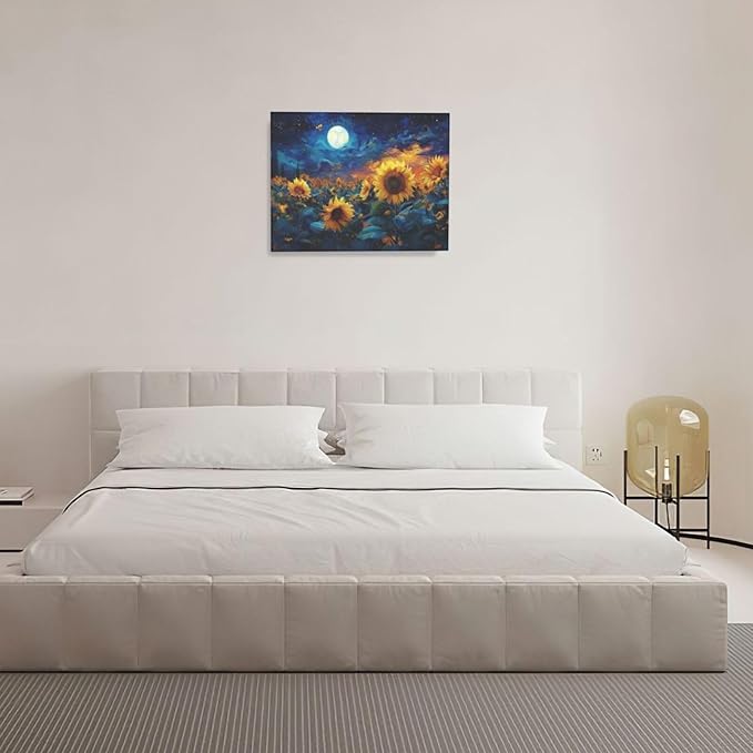 Sunflower Canvas Wall Art Starry Night Pictures Painting Yellow Floral Wall Decor Prints Framed Artwork Decoration for Living Room Bedroom Bathroom Dining Room Office 16"x20"