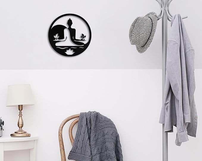 Metal Zen Wall Decor Women Black Iron Buddha Wall Art Lotus Spiritual Meditation Yoga Wall Sign for Living Room Bedroom Studio Office Female Yin Yang Wall Plaque Hanging Decoration Hallway Farmhouse Girls Rustic Modern Steel Wall Art