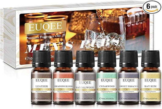 6PCS Fragrance Oils for Men, Men's Pubs Gift Set Premium Fragrance Oils -10ml-Leather, Sweet Tobacco（New Name-Honeyed Haze）, Dragons Blood, Sandalwood, Bay Rum, Cedarwood (Men's Pubs)