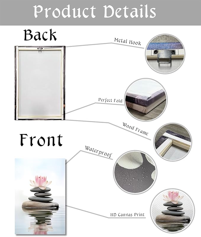 KPLUNDO Lotus Wall Art Zen Canvas Print Wall Decor Spa Stones on Wahter Picture Meditation Painting Relax Artwork for Bathroom Living Room Modern Home Decor Frame(Art-1,12.00x18.00 inch)
