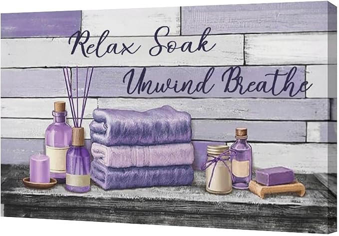 Farmhouse Bathroom Wall Art Relax Soak Unwind Breathe Wall Decor Rustic Bathroom Pictures Canvas Painting Framed Artwork Purple Country Home Decorations for Toilet Lavatory 24"x16"