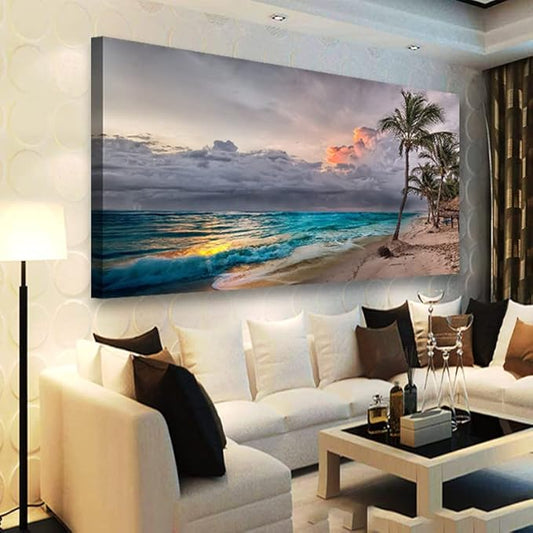Beach Pictures Wall Art Canvas Prints Seascape Poster Bathroom Decor Blue Ocean Green Tree Painting for Living Room Bedroom Home Kitchen Decoration 28x57 Wooden Frame Natural Landscape Artwork