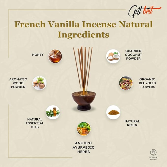 Giftbrit French Vanilla Fragrance Natural & Herbal Incense Sticks 100 Sticks with Incense Holder for Meditation, Yoga, Church, Relaxation, Healing and Positivity