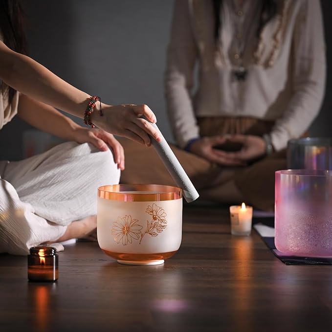 6 inch F note Cosmic Light Clear Orange Butterfly Quartz Crystal Singing Bowl with Mallet & O-ring
