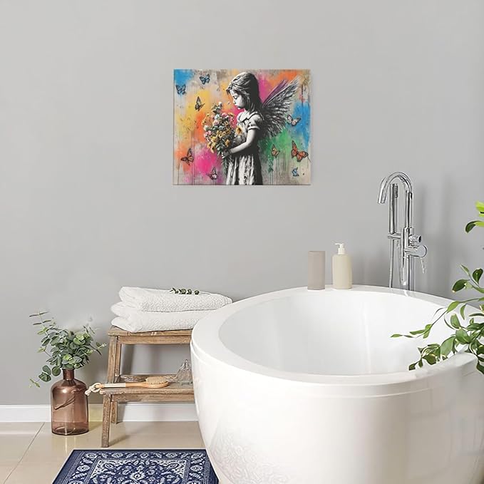 Banksy Wall Art Butterfly Girl Pictures Street Pop Art Graffiti Canvas Wall Decor Vintage Kids Aesthetic Painting Artwork Decorations Framed for Living Room Bedroom Bathroom Kid Room Office 20"x24"