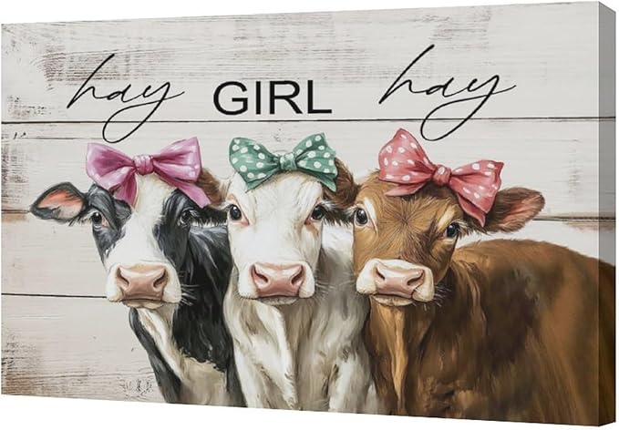 Olivine Cow Wall Art, Farmhouse Pictures Wall Decor, Cows Painting, Country Rustic Canvas Prints, Framed Artwork for Living Room Bedroom Bathroom Home Decoration 24"x16"