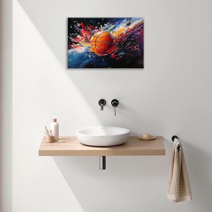 Olivine Basketball Wall Art, Graffiti Sports Picture, Colorful Sport Canvas Print Painting, Framed Artwork for Bathroom Bedroom Living Room Office Home Decoration 24"x16"