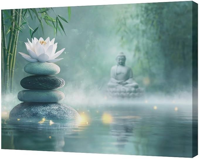 Olivine Zen Decor Wall Art, Lotus Pictures Wall Decor, Stones Flower Bloom Canvas Prints Painting, Framed Artwork for Meditation Bathroom Bedroom Living Room Office Home Decoration 20"x16"