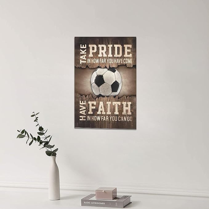 Fleruku Rustic Soccer Wall Art Sports Wall Decor Inspirational Quotes Brown Pictures Soccer Sign Canvas Painting Artwork Home Decorations for Boy Man Teenager Fans Bedroom Living Room 16"x24"