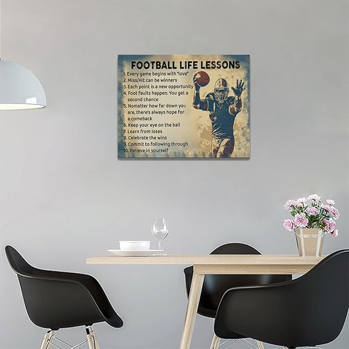 Farmhouse Football Wall Art For Boy Room Rustic Football Life Lessons Wall Decor Retro Football Sign Canvas Painting Artwork Home Decorations for Man Teenager Office Bedroom Living Room 16"x12"