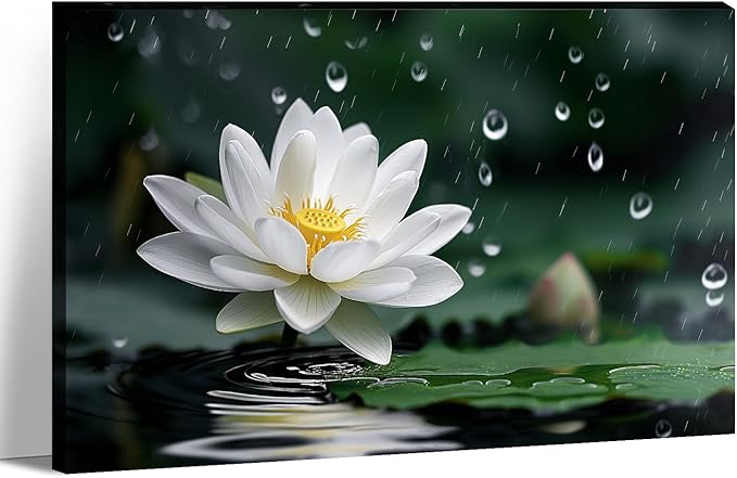 White Lotus Canvas Wall Art - Zen Wall Decor Flower on Water Picture Relax Meditation Zen Art for Living Room Bedroom Bathroom Home Decor Framed(12.00x18.00 inch)