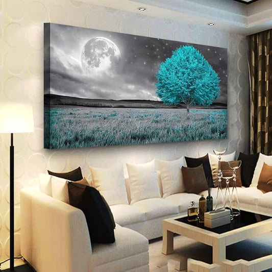 Tree of Life Wall Art Picture Canvas Prints Room Wall Décor Blue Tree with Full Moon Paintings for Living Room Bathroom Bedroom Home Kitchen Decorations Natural Artwork Wooden Framed 28x57inches
