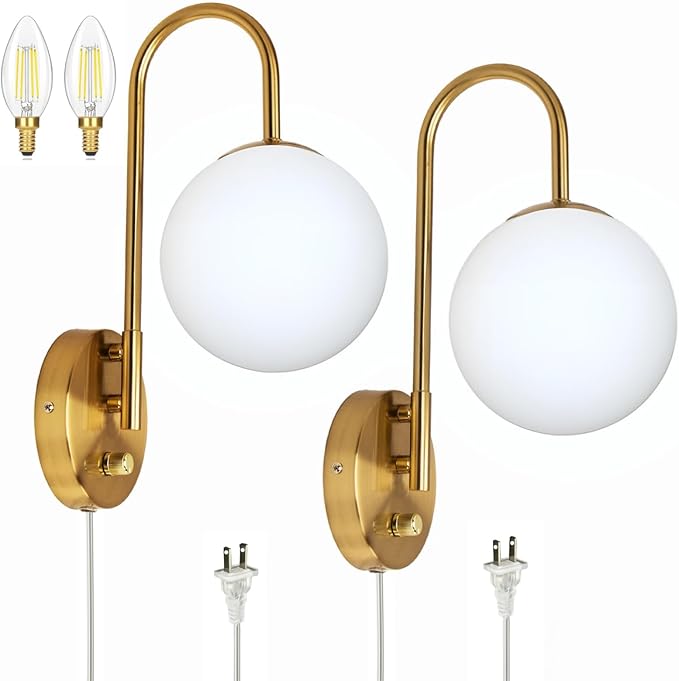 Plug in Wall Sconces Decor Set of Two, Modern Gold Globe Wall Lamp, Stepless Dimmable Gooseneck Wall Light for Living Room Bedroom Hallway, Milky White Glass Shade, 2-Pack E12 Bulb, Optional Hardwired