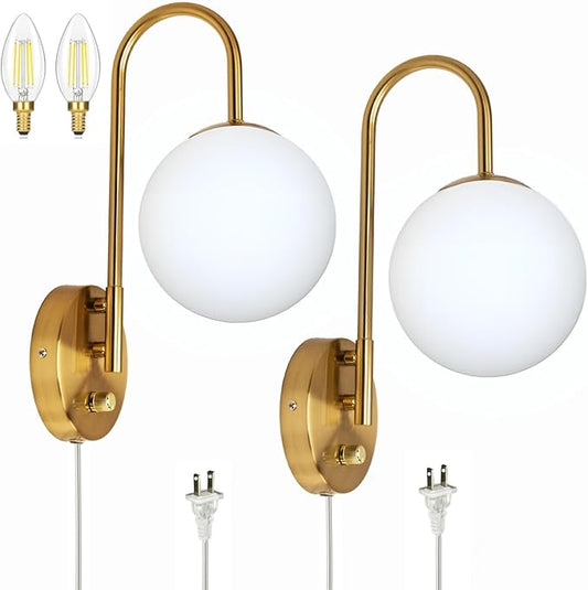 Plug in Wall Sconces Decor Set of Two, Modern Gold Globe Wall Lamp, Stepless Dimmable Gooseneck Wall Light for Living Room Bedroom Hallway, Milky White Glass Shade, 2-Pack E12 Bulb, Optional Hardwired