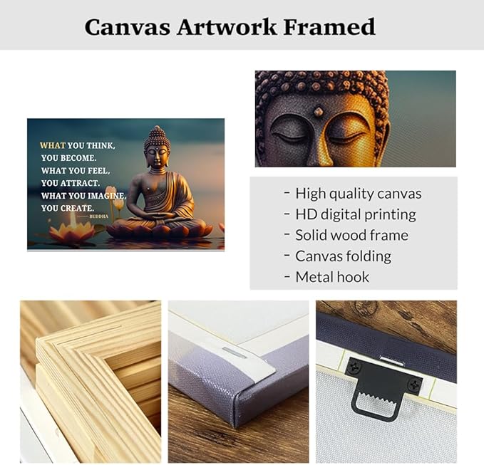 ZXHYWYM Buddhist Motivational Quotes Wall Art Canvas Prints Buddha Lotus Painting Zen Bathroom Pictures for Office Home Spa Yoga Room Wall Decor Framed (24" x 36")