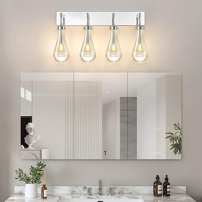 Raindrop Wall Sconces Chrome Crystal Sconces Wall Decor Modern Brass Lighting Glass Bathroom Sconces Indoor Vanity Light Wall Lamp for Bedroom Living Room Stair(4-Light)
