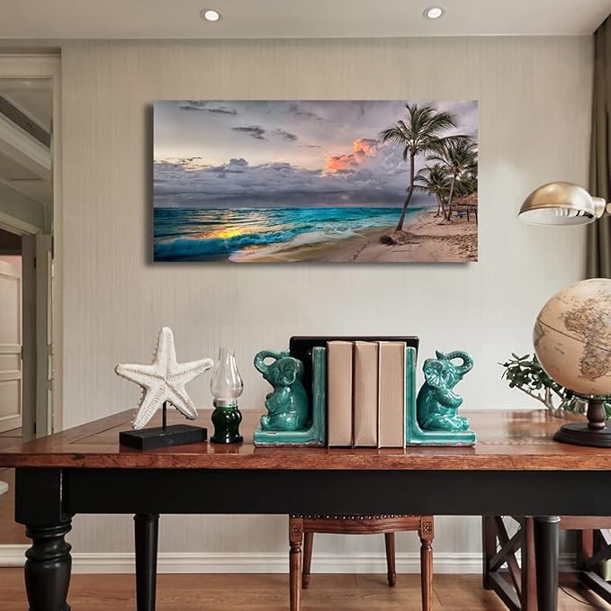 Beach Themed Wall Art Canvas Prints Seascape Poster Bathroom Décor Ocean Coconut Tree Landscape Paintings for Bedroom Dining Room Home Kitchen Decorations Natural Artwork 24x48 Picture Frame Wood