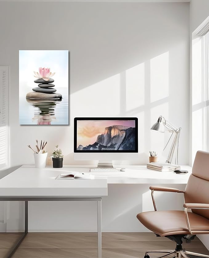 KPLUNDO Lotus Wall Art Zen Canvas Print Wall Decor Spa Stones on Wahter Picture Meditation Painting Relax Artwork for Bathroom Living Room Modern Home Decor Frame(Art-1,12.00x18.00 inch)
