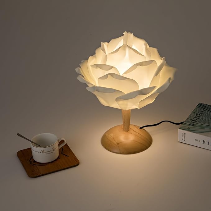 White Flower Table Lamp Creative Lotus Desk Lamp for Bedroom Modern Fabric Nightstand Light Bedside Lamp for Wedding Decor Living Room Study Rooms Restaurants Hotel