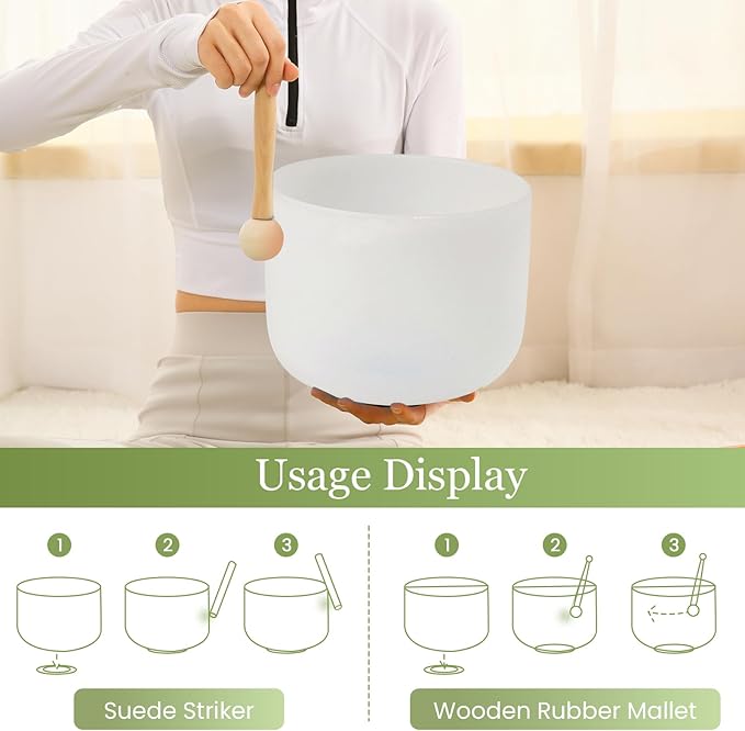 432HZ 11 Inchs Frosted Crystal Singing Bowl Set for Meditation Healing Yoga Chakra Quartz Crystal Sound Bowls with Heavy Duty Carry Case and Rubber Mallet,Suede Striker,O-rings