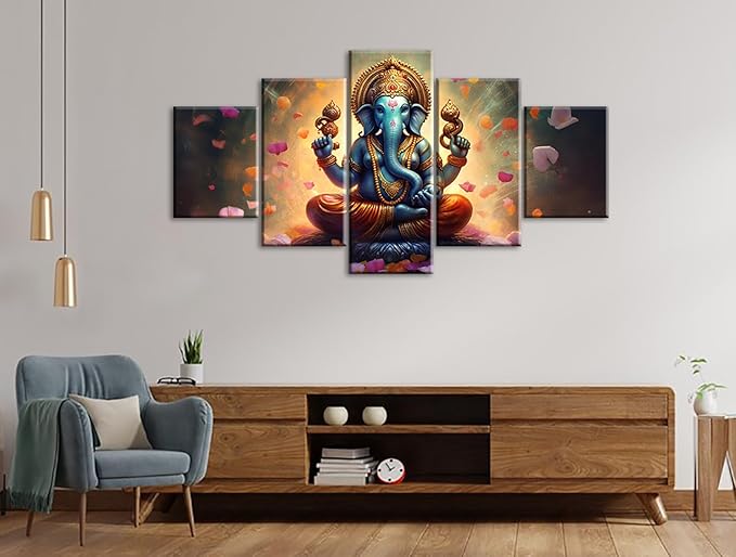 Ganesha Indian Wall Decor Large 5 Pieces Lord Hindu Elephant Photo Picture Canvas Prints Paintings for Living Room Meditation Room Framed Decorations (60" W x 32" H)