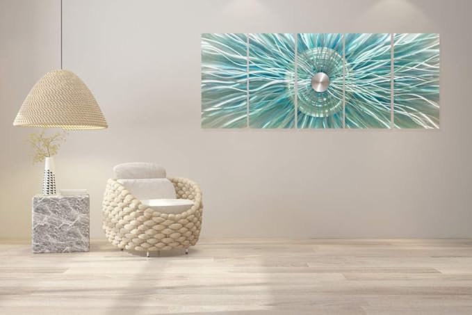 RICHSPACE ARTS Aqua Teal and Silver Sculpture Decor Large 3d Modern Contemporary Metal Wall Art Oversized Abstract Painting Artwork on Aluminum for Living Room Bedroom Office Walls