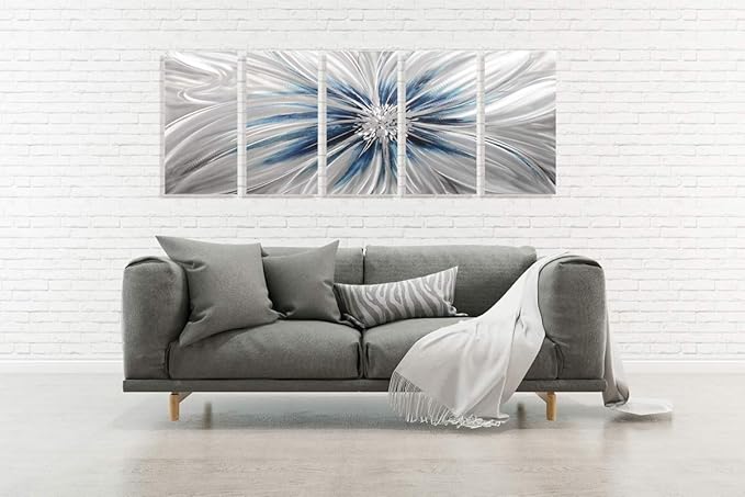RICHSPACE ARTS Modern Large Metal Wall Art Flower Blue and Silver Sculpture Decor with 3d Texture Set of 5 Pieces