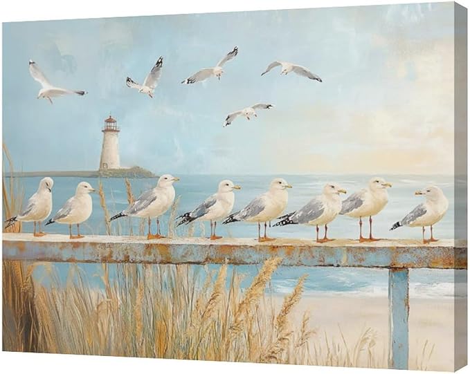 Olivine Beach Wall Art, Coastal Seagull Lighthouse Bathroom Pictures, Nautical Canvas Prints Painting for Living Room Bedroom Dinning Room Kitchen 20x16 Inch Framed