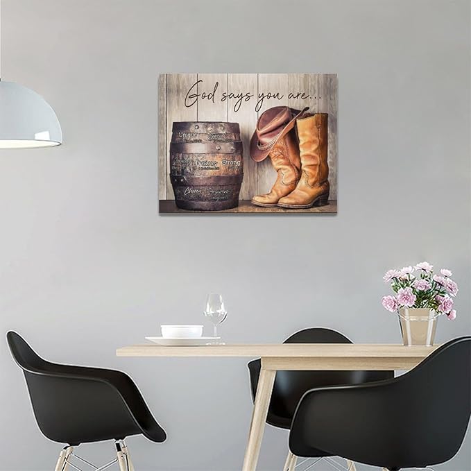 God says you are decor wall art western cowboy canvas Pictures cowboy boots Wall Decor Christian Canvas Prints Painting Framed Artwork for Bathroom living room Bedroom 16"x12"