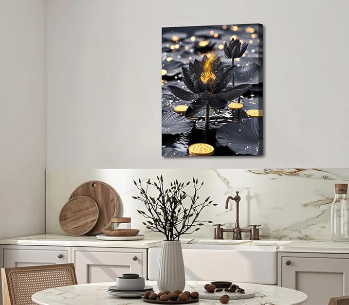 Framed Black and Gold Lotus Floral Wall Art Prints,Black Lotus Art Blooming in Water for Zen Office Decor Wall Art,Modern Meditation Poster Yoga SPA Room Bathroom Home Decor(12"x16")