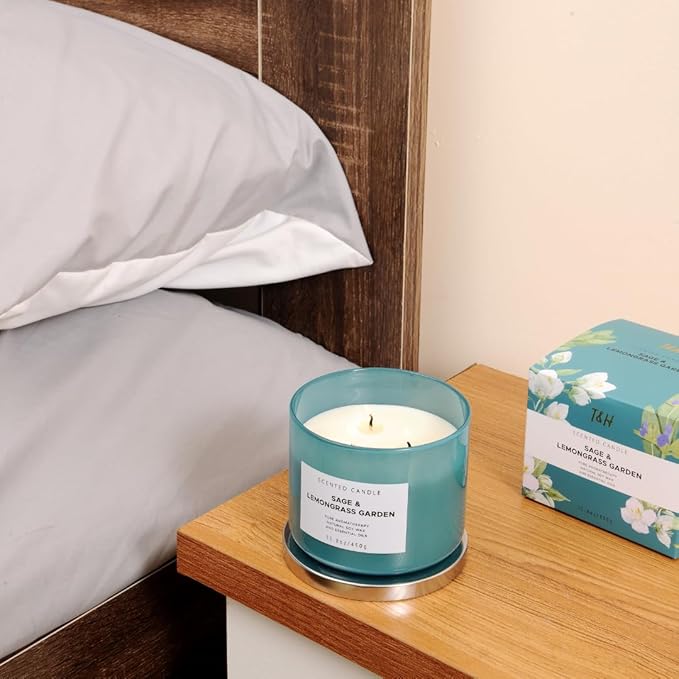 Sage Lemongrass Garden 3 Wick Scented Candle | Large Soy Candles for Home 15.8 oz | Long Lasting Stress Relief Candle | Soothing Sage Candles for Cleansing | Aromatherapy Candle Gift for Women & Men