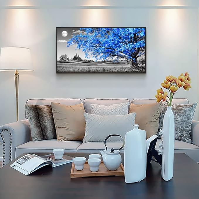 Black Framed Canvas Wall Art For Living Room Black And White Wall Pictures Office Wall Decor Large Size Wall Art Blue Moon Tree Scenery Wall Paintings Bedroom Home Decoration Works Of Art 20" X 40"