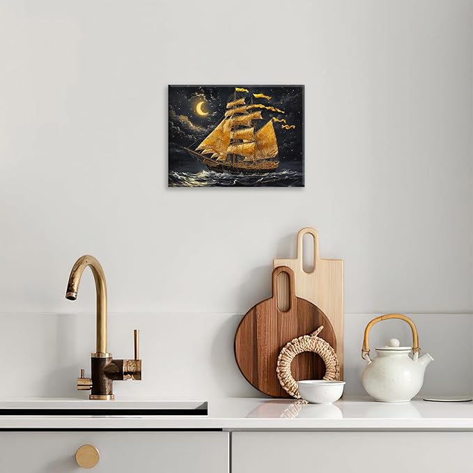 Olivine Sailboat Wall Art, Nautical Pictures Wall Decor, Ocean Seascape Painting, Coastal Night Canvas Prints, Framed Artwork for Bathroom Bedroom Living Room Office Home Decoration 20"x16"