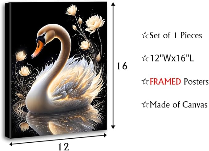 Abstract Gold Patterned Swan Wall Art,Framed Swan Wall Art Prints,White Swan Golden Lotus Flowers Vintage Painting Canvas Wall Art Prints for Bedroom Bathroom Wall Decor(12''x16'')