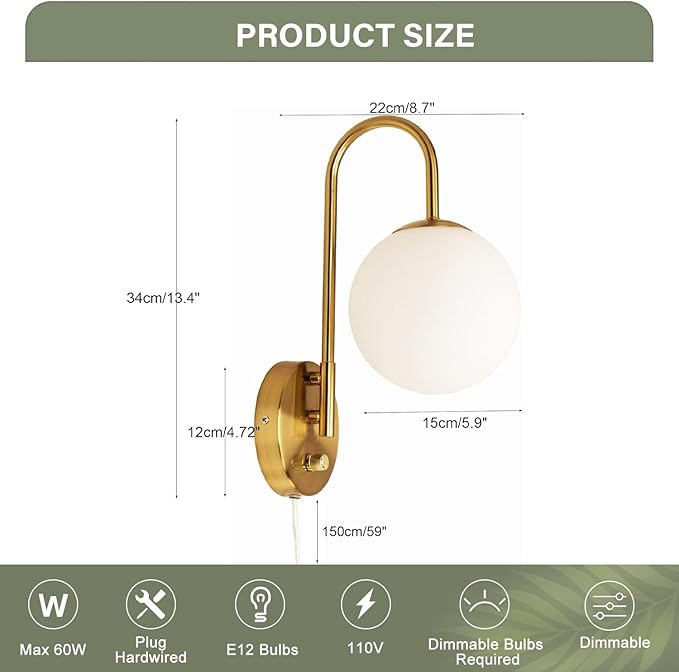 Plug in Wall Sconces Decor Set of Two, Modern Gold Globe Wall Lamp, Stepless Dimmable Gooseneck Wall Light for Living Room Bedroom Hallway, Milky White Glass Shade, 2-Pack E12 Bulb, Optional Hardwired