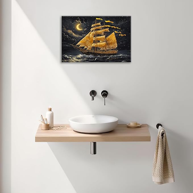 Olivine Sailboat Wall Art, Nautical Pictures Wall Decor, Ocean Seascape Painting, Coastal Night Canvas Prints, Framed Artwork for Bathroom Bedroom Living Room Office Home Decoration 24"x16"