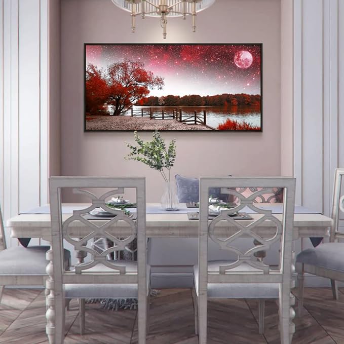Framed Canvas Wall Art For Living Room Large Size Wall Decor For Bedroom Red Tree Moon Wall Pictures Starry Sky Landscape Wall Painting Office Decor Girl'S Room Home Decoration Black Framed 24" X 48"
