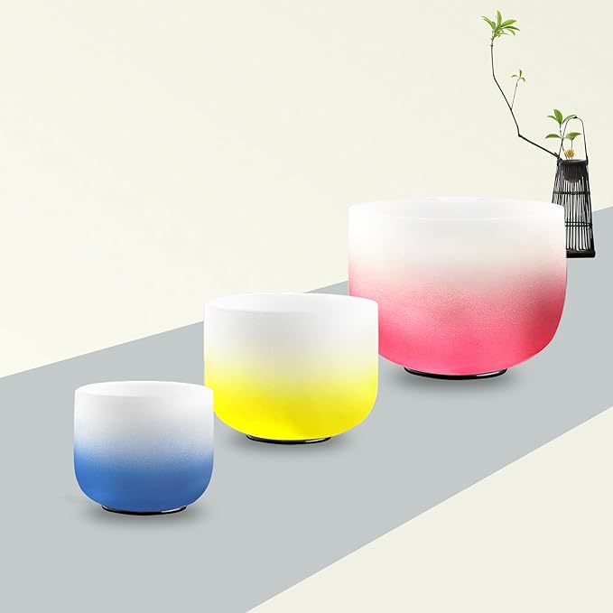 8-12 Inch Set of 3 Gradient Design Quartz Crystal Singing Bowl Chakra Set with Free Carrying Case and Suede Sticker & O-ring