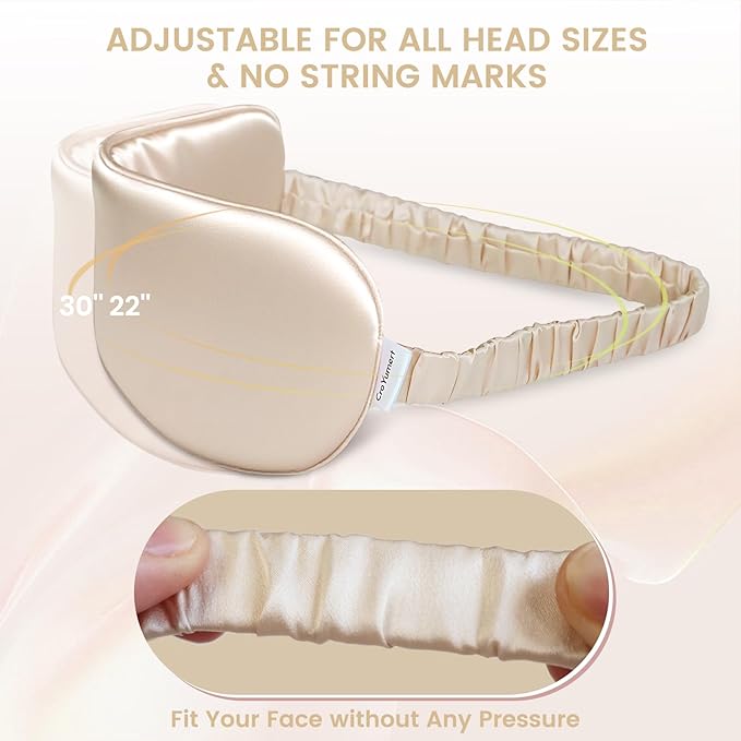 Pure 22 Momme 6A Grade Mulberry Silk Sleep Mask for Side Sleepers - 100% Blackout Eye Mask with Travel Pouch (Champagne)