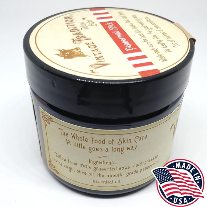 Vintage Tradition Beef Tallow All Purpose Balm - Healing, Hydrating Peppermint Skin Care Salve Replaces Body Lotion, Hand Cream, More - Essential Oil, Olive Oil, and Grass-Fed Tallow, 2 fl. oz.