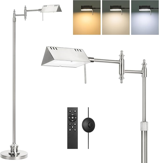 Dimmable Pharmacy Floor Lamp with Remote, 15W LED Reading Floor Lamp with 360°Swing Arm, 3 Color Temperature, Height Adjustable Silver Standing Task Lamp for Living Room, Bedroom, Brushed Nickel